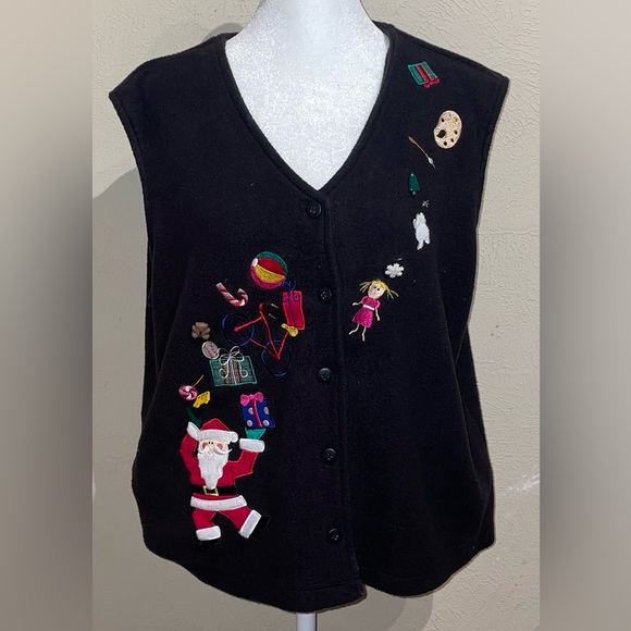 Bechamel Sweaters - Bechamel Vintage Women’s Size L Christmas Black Fleece Vest Ugly Sweater Santa